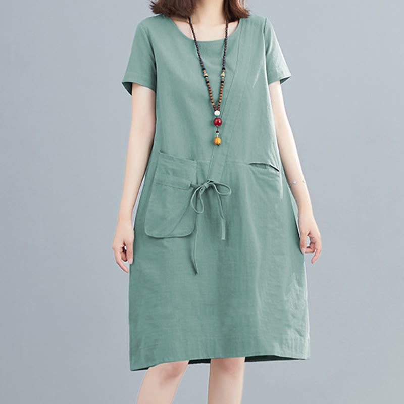 Robe mi-longue décontractée d'été en coton et lin avec lacets, col ras du cou, manches courtes et poches - image 17