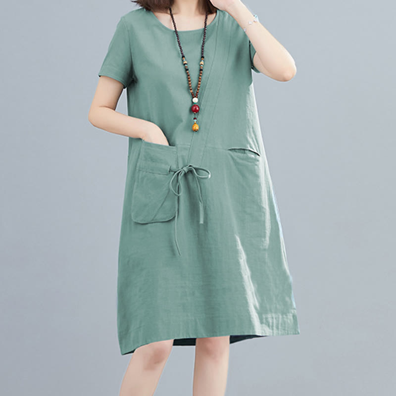 Robe mi-longue décontractée d'été en coton et lin avec lacets, col ras du cou, manches courtes et poches - image 18