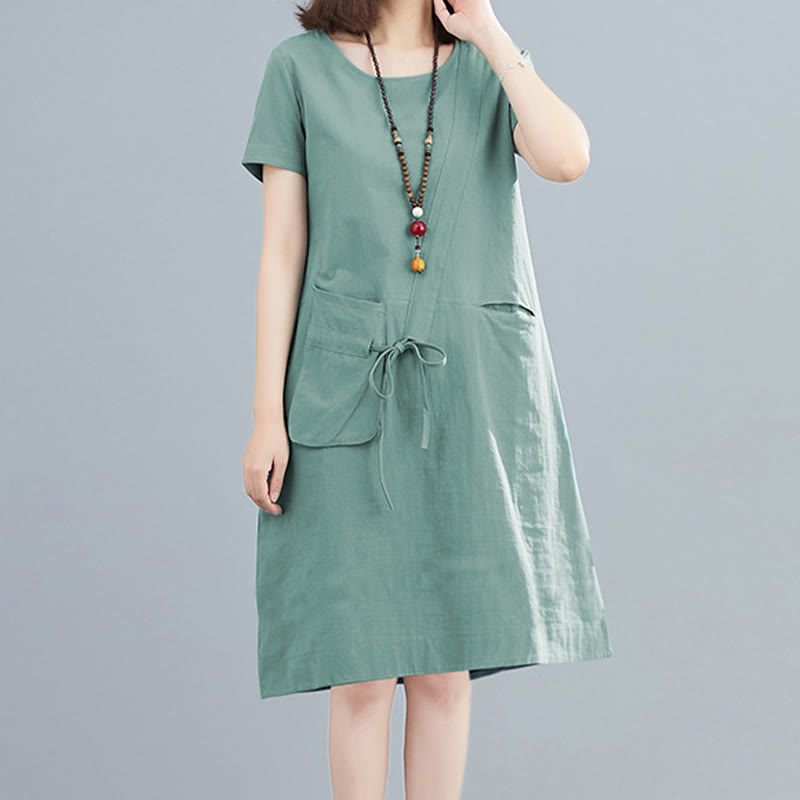 Robe mi-longue décontractée d'été en coton et lin avec lacets, col ras du cou, manches courtes et poches - Aigue-marine moyenne - US8-10，UK/AU12-14，EU40-42 (2XL) - image 16