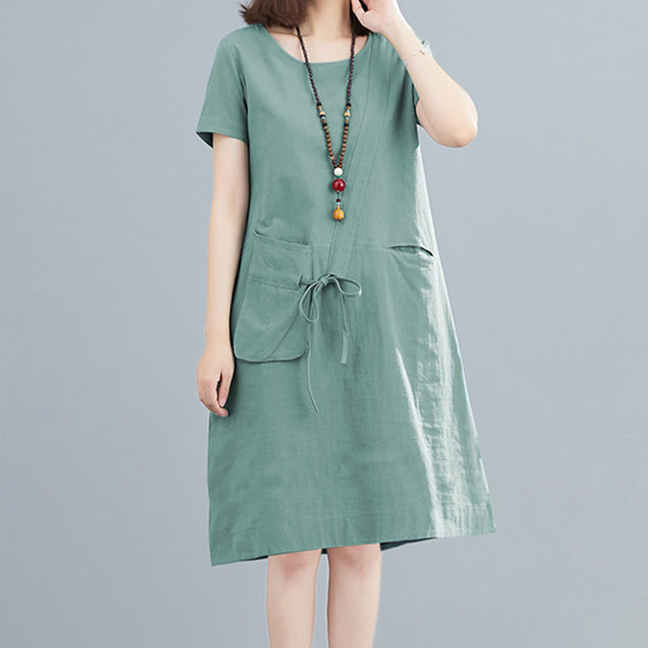 Robe mi-longue décontractée d'été en coton et lin avec lacets, col ras du cou, manches courtes et poches - Aigue-marine moyenne - US8-10，UK/AU12-14，EU40-42 (2XL) - image 16