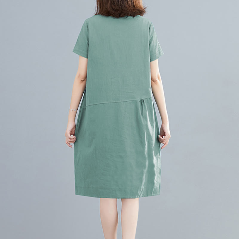 Robe mi-longue décontractée d'été en coton et lin avec lacets, col ras du cou, manches courtes et poches - image 19