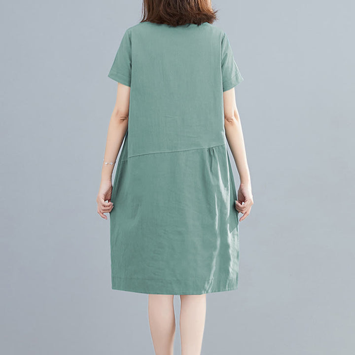 Robe mi-longue décontractée d'été en coton et lin avec lacets, col ras du cou, manches courtes et poches - image 19