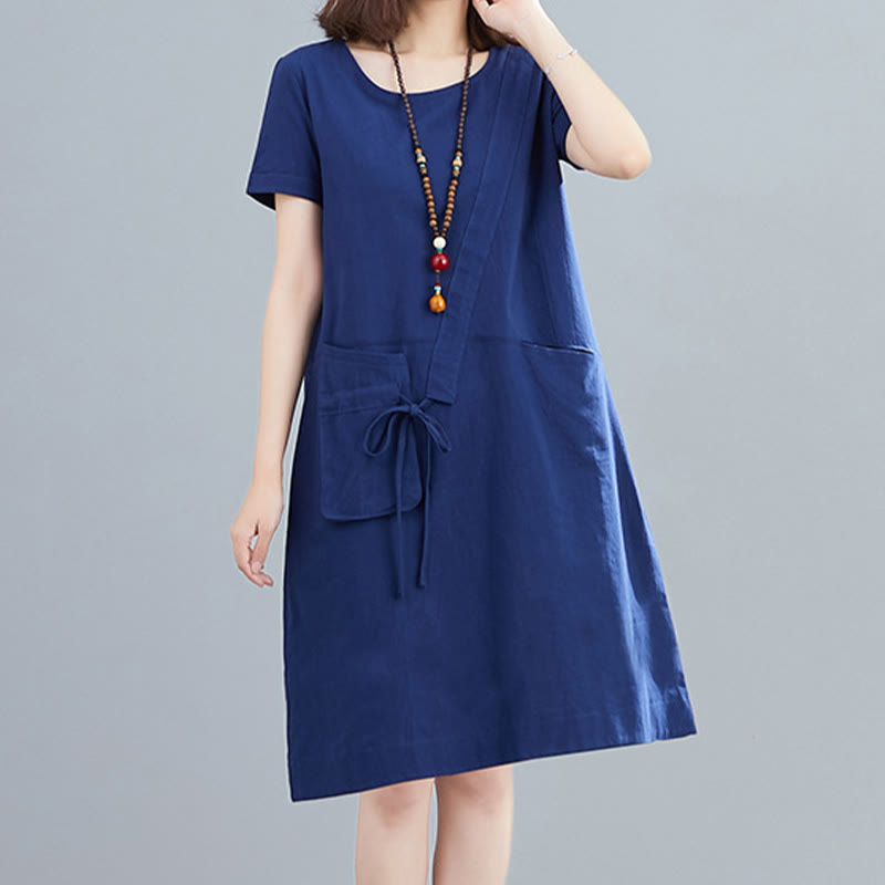 Robe mi-longue décontractée d'été en coton et lin avec lacets, col ras du cou, manches courtes et poches - Bleu moyen - US8-10，UK/AU12-14，EU40-42 (2XL) - image 21