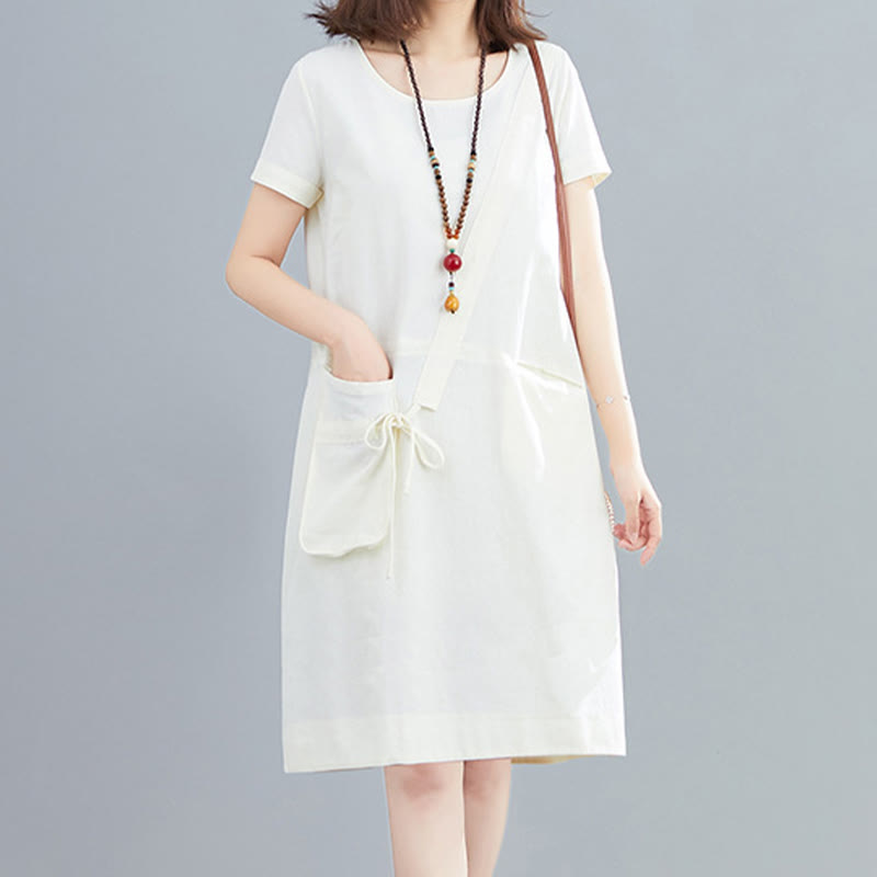 Robe mi-longue décontractée d'été en coton et lin avec lacets, col ras du cou, manches courtes et poches - Blanc - US8-10，UK/AU12-14，EU40-42 (2XL) - image 0