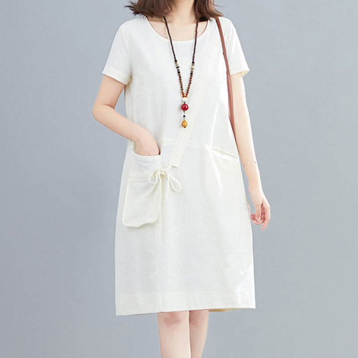Robe mi-longue décontractée d'été en coton et lin avec lacets, col ras du cou, manches courtes et poches - Blanc - US8-10，UK/AU12-14，EU40-42 (2XL) - image 0
