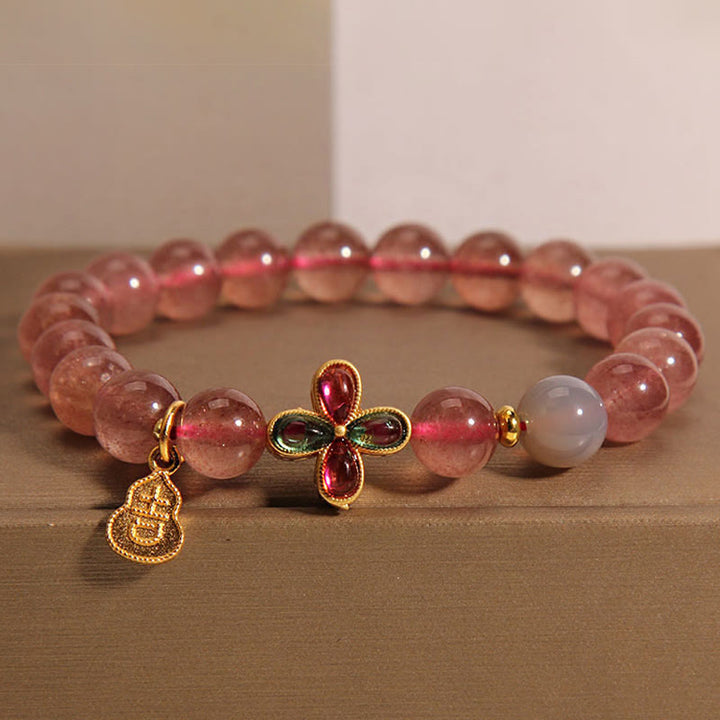 Bracelet de guérison en quartz Buddha Stones et trèfle à quatre feuilles en forme de courge porte-bonheur