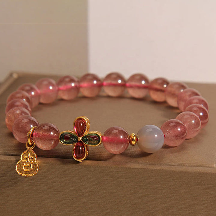 Bracelet de guérison en quartz Buddha Stones et trèfle à quatre feuilles en forme de courge porte-bonheur