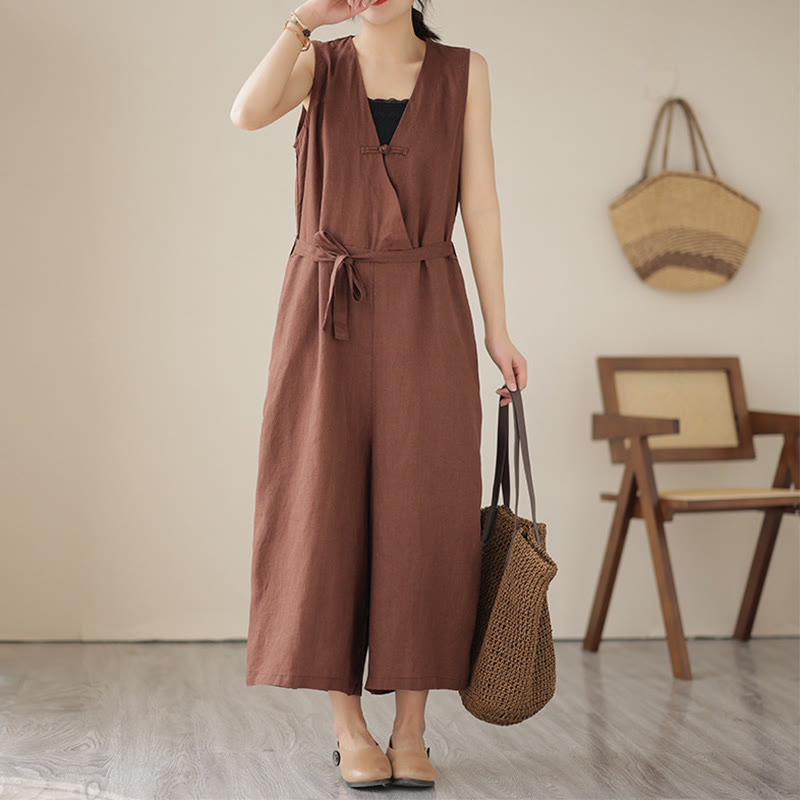 Combinaison décontractée en coton et lin pour femme, à lacets, simple et sans manches, avec poches, motif Buddha Stones - SaddleBrown - US14，UK/AU18，EU46 (2XL) - image 0