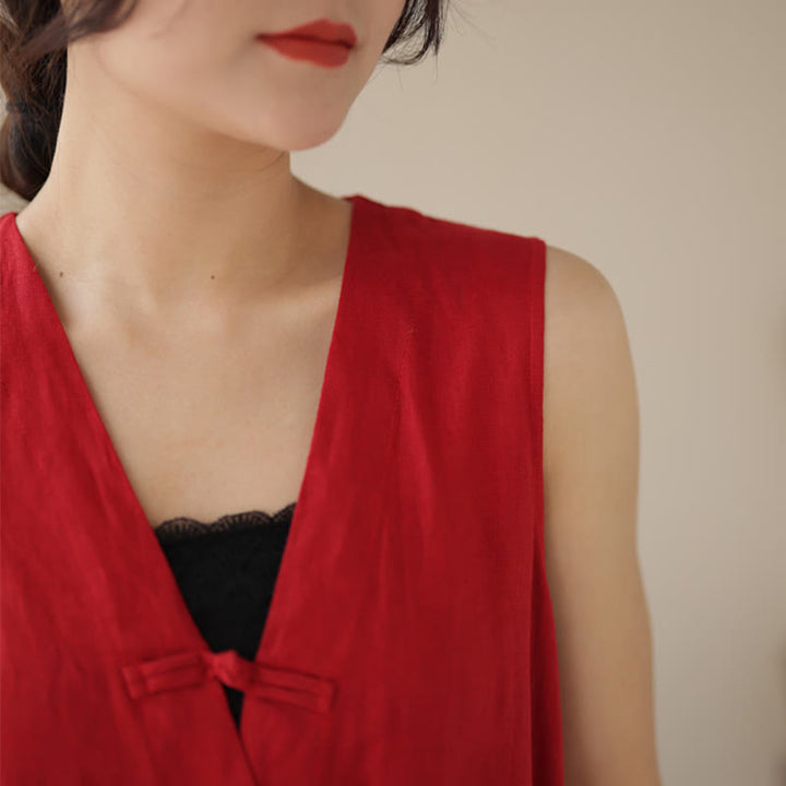 Combinaison décontractée en coton et lin pour femme, à lacets, simple et sans manches, avec poches, motif Buddha Stones - image 12