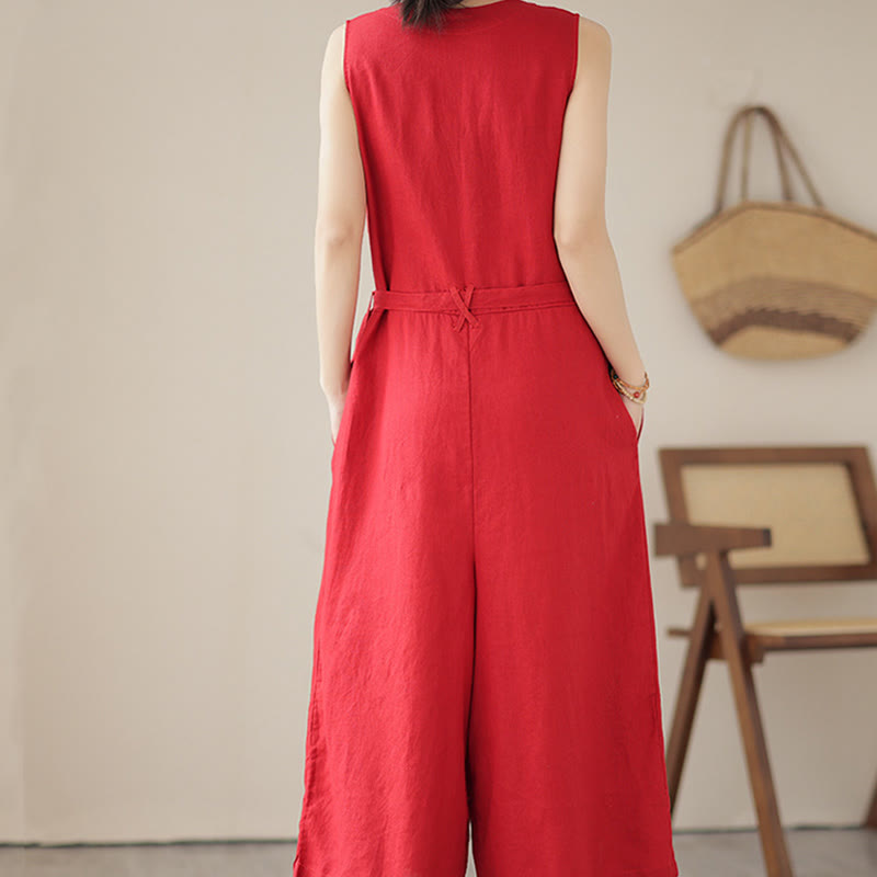 Combinaison décontractée en coton et lin pour femme, à lacets, simple et sans manches, avec poches, motif Buddha Stones - image 9