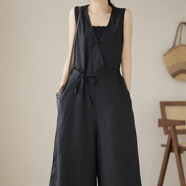 Combinaison décontractée en coton et lin pour femme, à lacets, simple et sans manches, avec poches, motif Buddha Stones - image 21