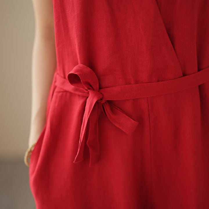 Combinaison décontractée en coton et lin pour femme, à lacets, simple et sans manches, avec poches, motif Buddha Stones - image 15