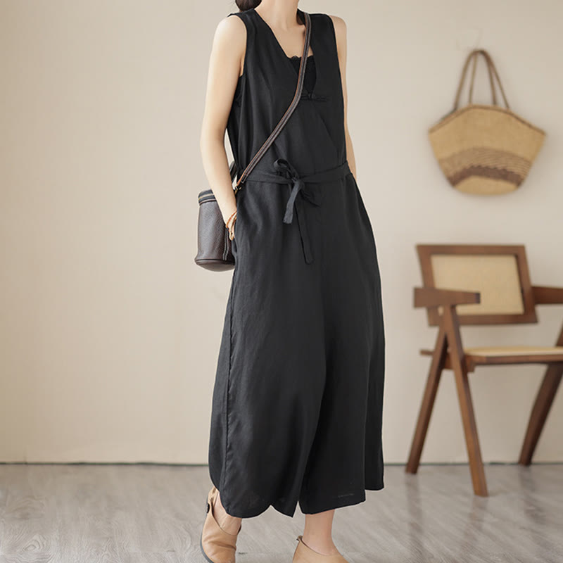 Combinaison décontractée en coton et lin pour femme, à lacets, simple et sans manches, avec poches, motif Buddha Stones - Noir - US14，UK/AU18，EU46 (2XL) - image 16