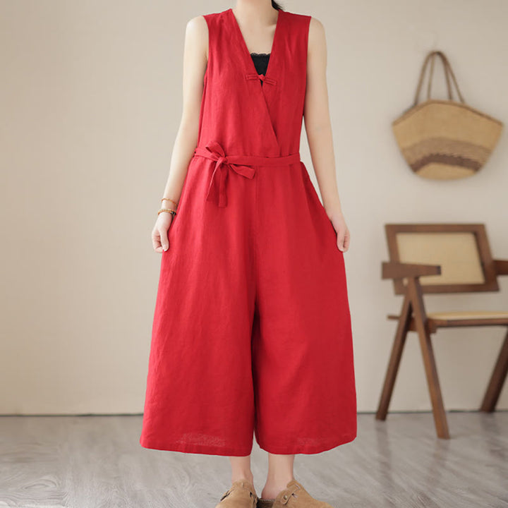 Combinaison décontractée en coton et lin pour femme, à lacets, simple et sans manches, avec poches, motif Buddha Stones - Rouge - US14，UK/AU18，EU46 (2XL) - image 6