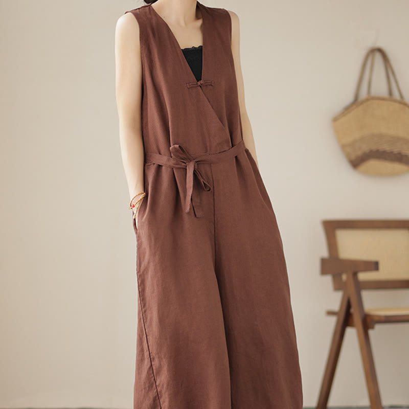 Combinaison décontractée en coton et lin pour femme, à lacets, simple et sans manches, avec poches, motif Buddha Stones - image 5