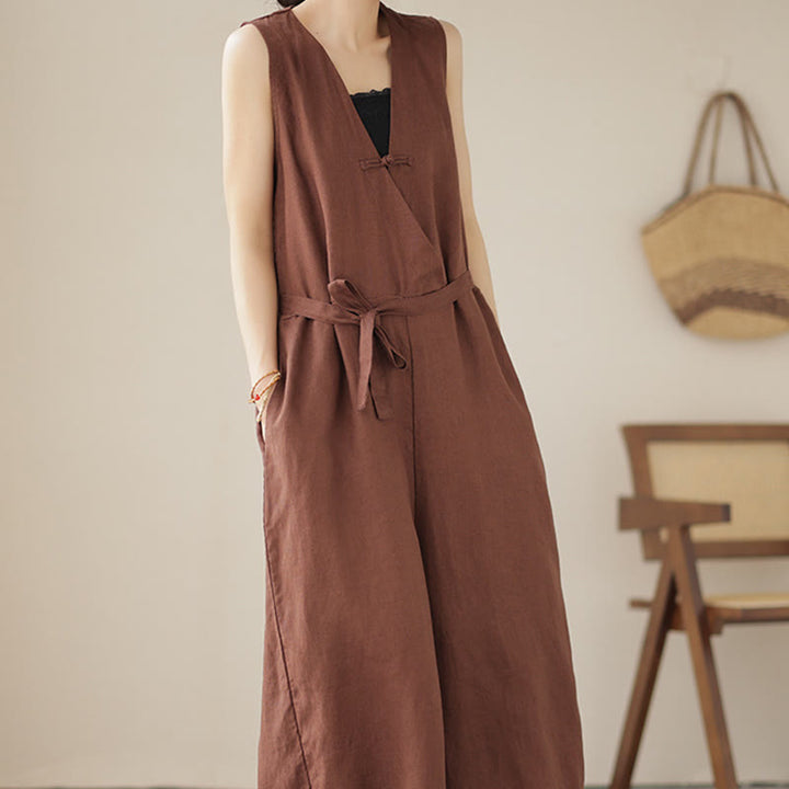 Combinaison décontractée en coton et lin pour femme, à lacets, simple et sans manches, avec poches, motif Buddha Stones - image 5