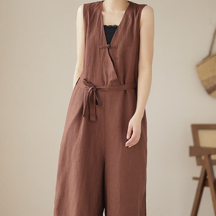 Combinaison décontractée en coton et lin pour femme, à lacets, simple et sans manches, avec poches, motif Buddha Stones - image 3