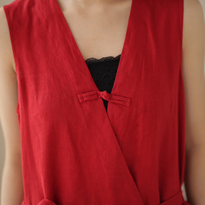 Combinaison décontractée en coton et lin pour femme, à lacets, simple et sans manches, avec poches, motif Buddha Stones - image 13