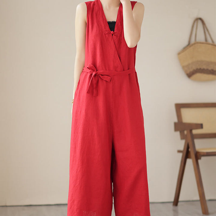 Combinaison décontractée en coton et lin pour femme, à lacets, simple et sans manches, avec poches, motif Buddha Stones - image 8