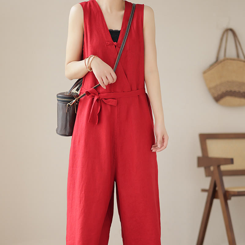 Combinaison décontractée en coton et lin pour femme, à lacets, simple et sans manches, avec poches, motif Buddha Stones - image 11