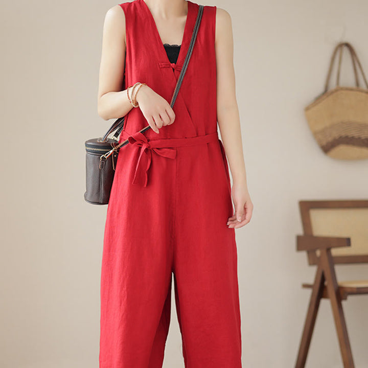 Combinaison décontractée en coton et lin pour femme, à lacets, simple et sans manches, avec poches, motif Buddha Stones - image 11