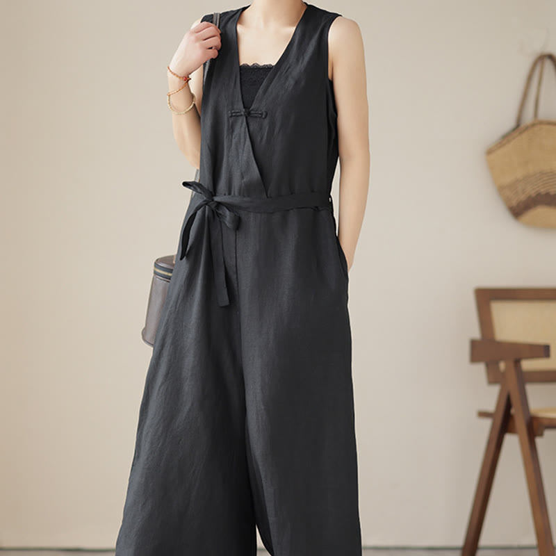 Combinaison décontractée en coton et lin pour femme, à lacets, simple et sans manches, avec poches, motif Buddha Stones - image 19