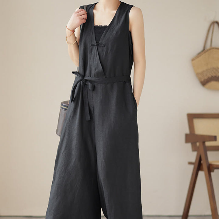 Combinaison décontractée en coton et lin pour femme, à lacets, simple et sans manches, avec poches, motif Buddha Stones - image 19