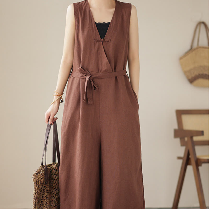 Combinaison décontractée en coton et lin pour femme, à lacets, simple et sans manches, avec poches, motif Buddha Stones - image 1