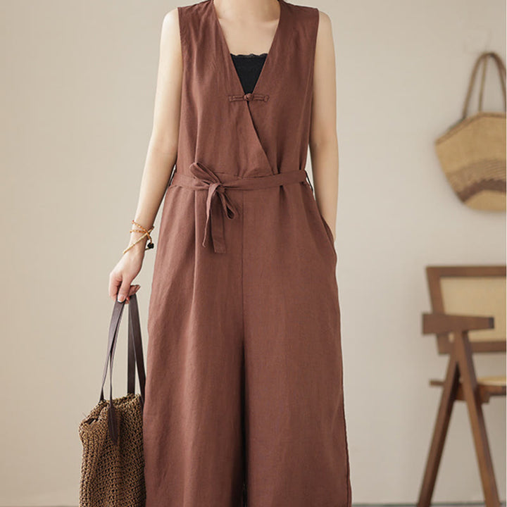 Combinaison décontractée en coton et lin pour femme, à lacets, simple et sans manches, avec poches, motif Buddha Stones - image 1