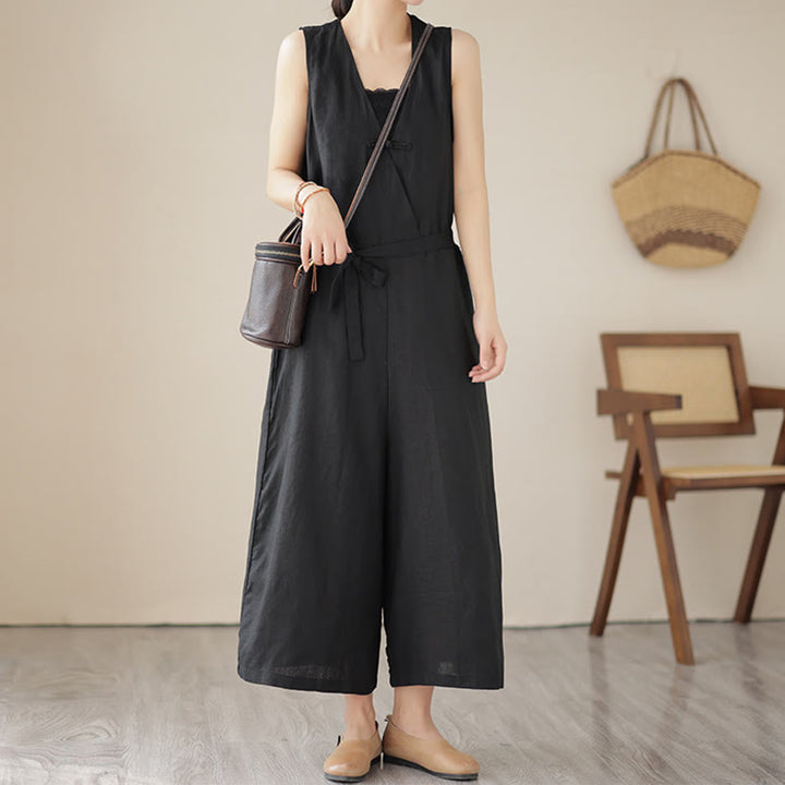 Combinaison décontractée en coton et lin pour femme, à lacets, simple et sans manches, avec poches, motif Buddha Stones - image 17