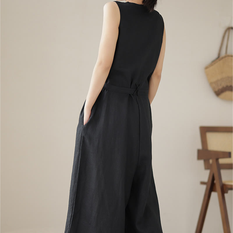 Combinaison décontractée en coton et lin pour femme, à lacets, simple et sans manches, avec poches, motif Buddha Stones - image 20