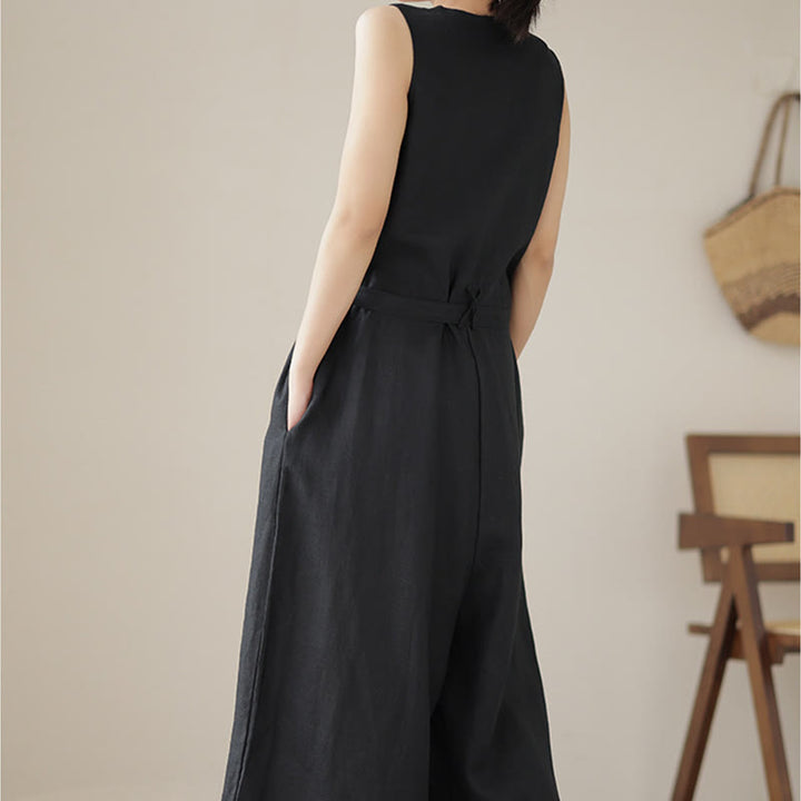 Combinaison décontractée en coton et lin pour femme, à lacets, simple et sans manches, avec poches, motif Buddha Stones - image 20