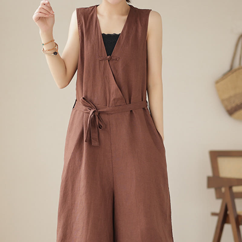 Combinaison décontractée en coton et lin pour femme, à lacets, simple et sans manches, avec poches, motif Buddha Stones - image 2