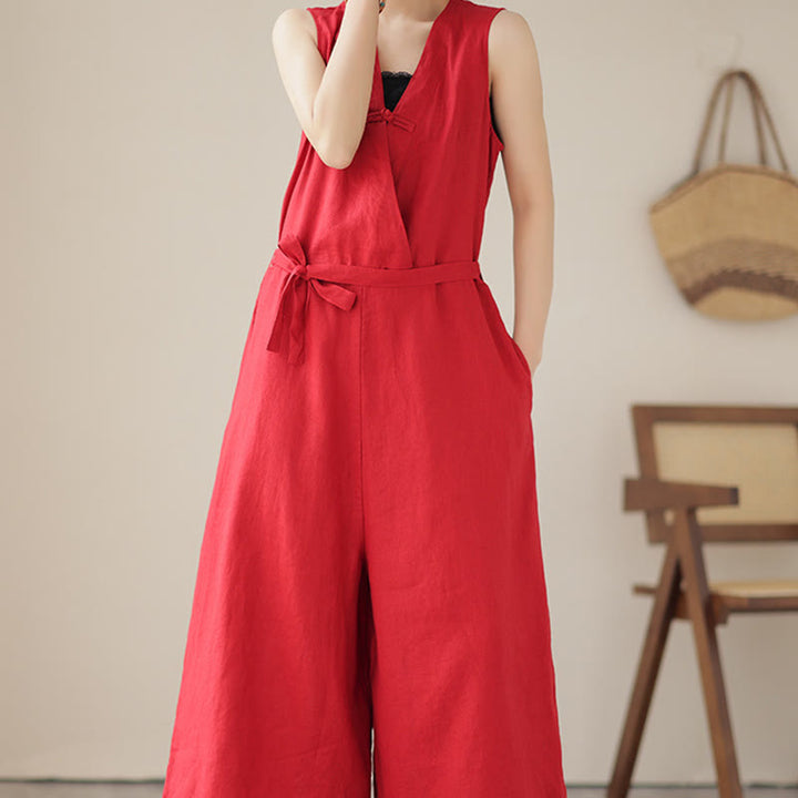 Combinaison décontractée en coton et lin pour femme, à lacets, simple et sans manches, avec poches, motif Buddha Stones - image 10