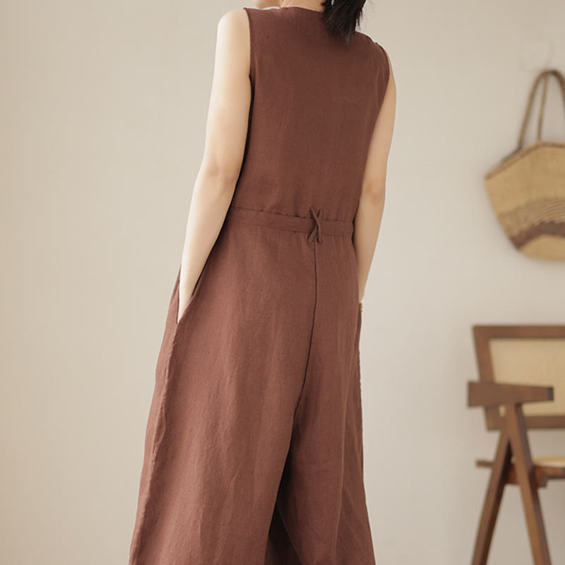 Combinaison décontractée en coton et lin pour femme, à lacets, simple et sans manches, avec poches, motif Buddha Stones - image 4