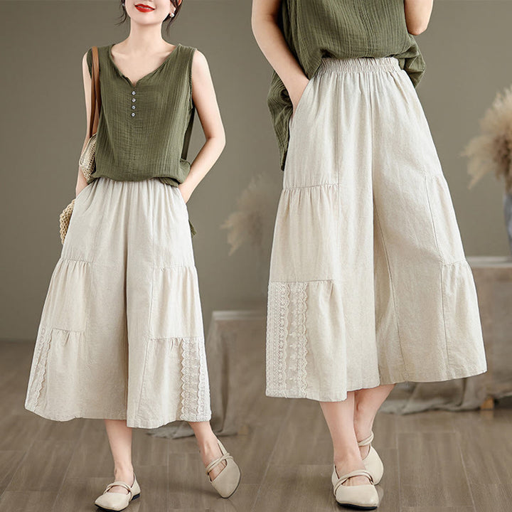 Pantalon large décontracté en coton et lin avec dentelle et poches pour femme - image 10