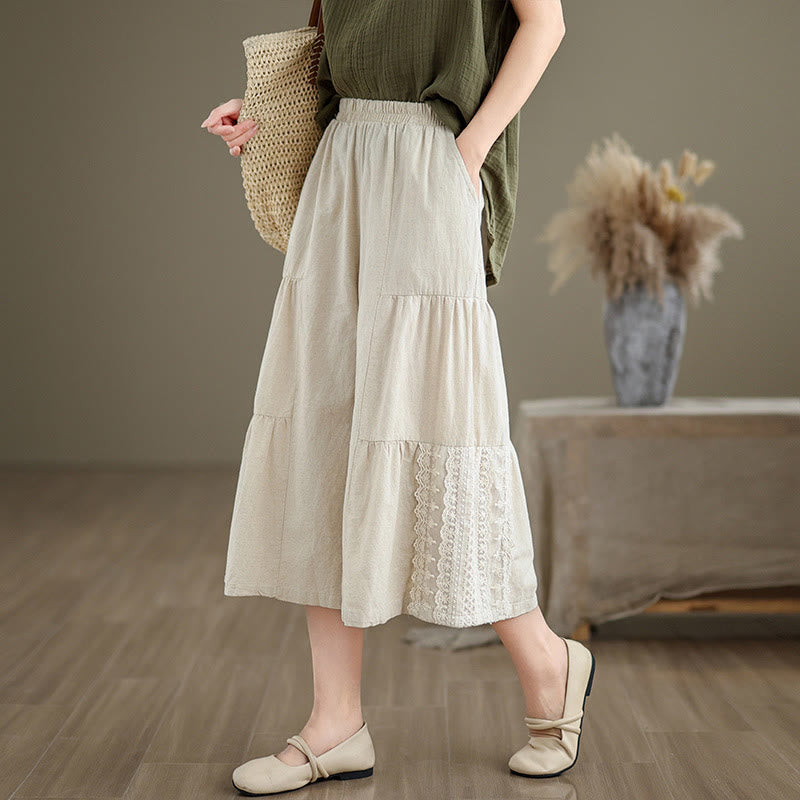 Pantalon large décontracté en coton et lin avec dentelle et poches pour femme - image 2