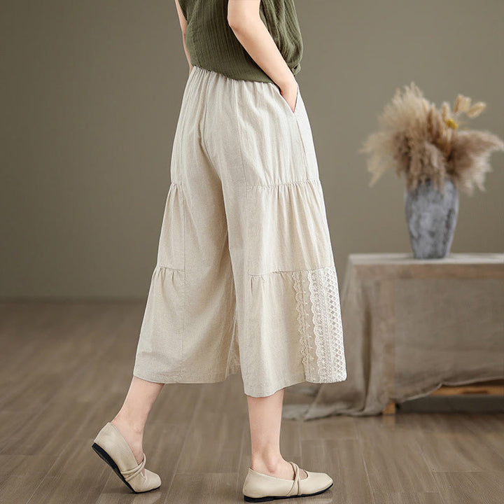 Pantalon large décontracté en coton et lin avec dentelle et poches pour femme - image 4