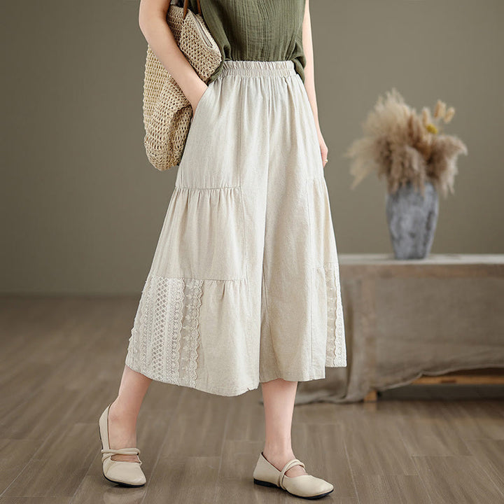 Pantalon large décontracté en coton et lin avec dentelle et poches pour femme - Beige - US8-10，UK/AU12-14，EU40-42 (2XL) - image 0
