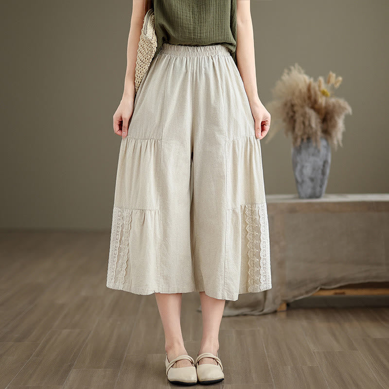 Pantalon large décontracté en coton et lin avec dentelle et poches pour femme - image 3
