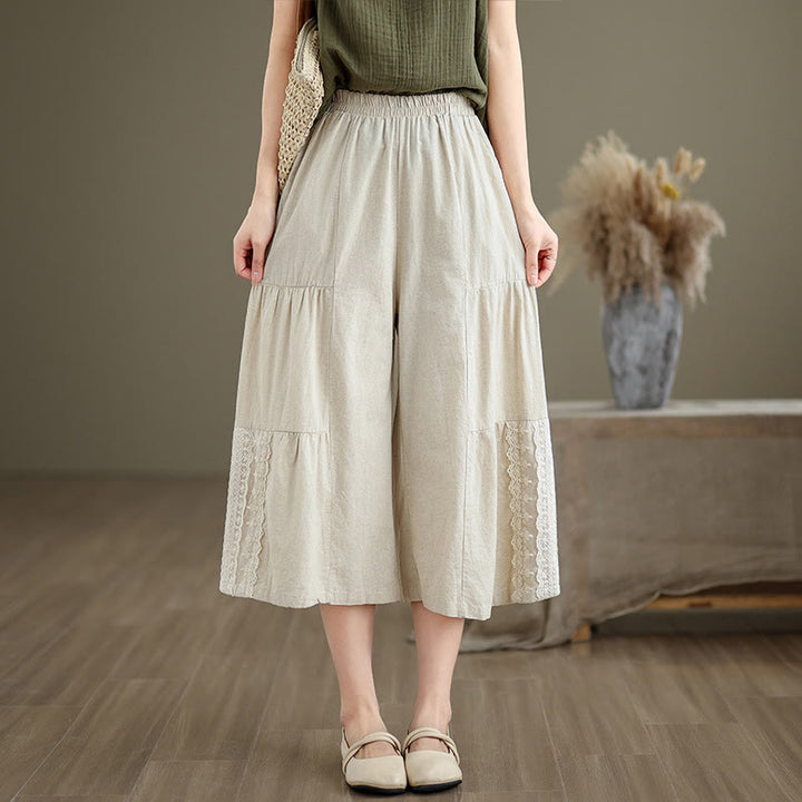 Pantalon large décontracté en coton et lin avec dentelle et poches pour femme - image 3