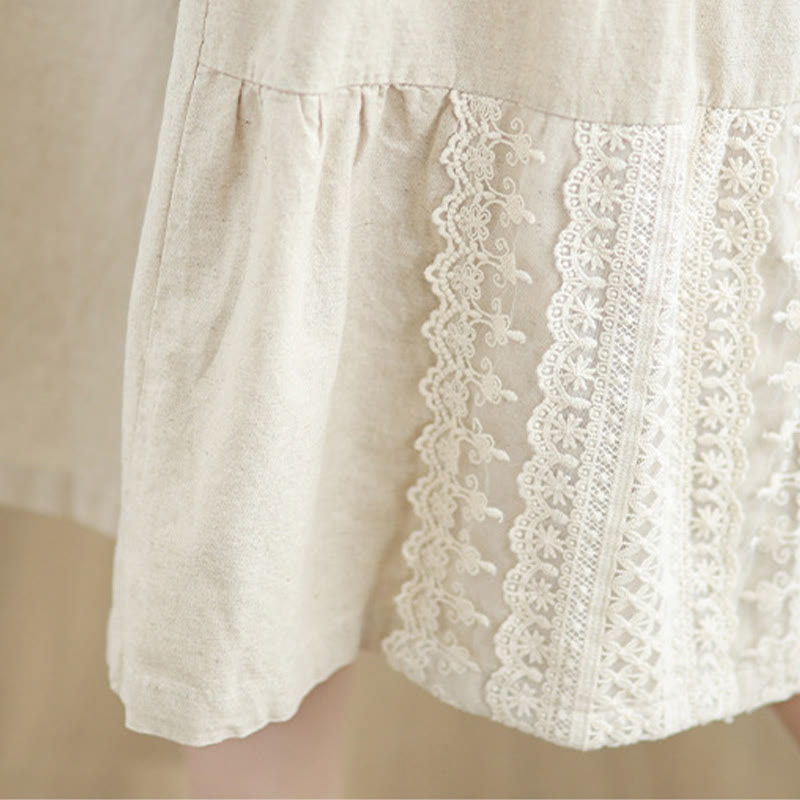 Pantalon large décontracté en coton et lin avec dentelle et poches pour femme - image 9