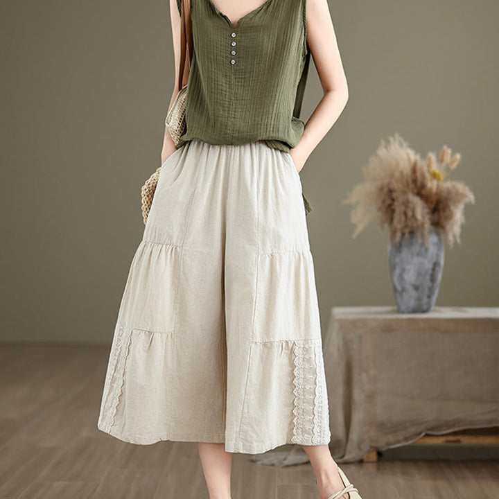 Pantalon large décontracté en coton et lin avec dentelle et poches pour femme - image 1