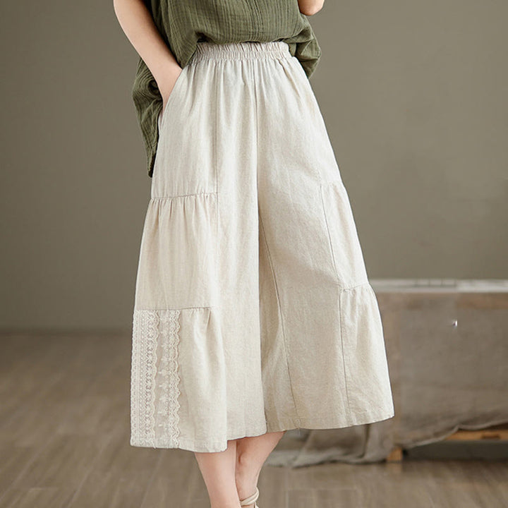 Pantalon large décontracté en coton et lin avec dentelle et poches pour femme - image 5