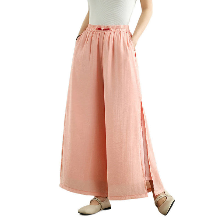 Pantalon large décontracté vintage en coton et lin avec poches pour femme, style Buddha Stones, avec ourlet fendu sur le côté