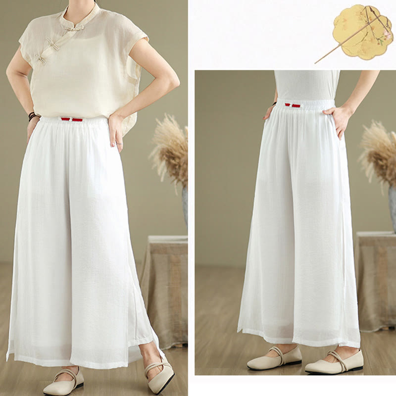 Pantalon large décontracté vintage en coton et lin avec poches pour femme, style Buddha Stones, avec ourlet fendu sur le côté