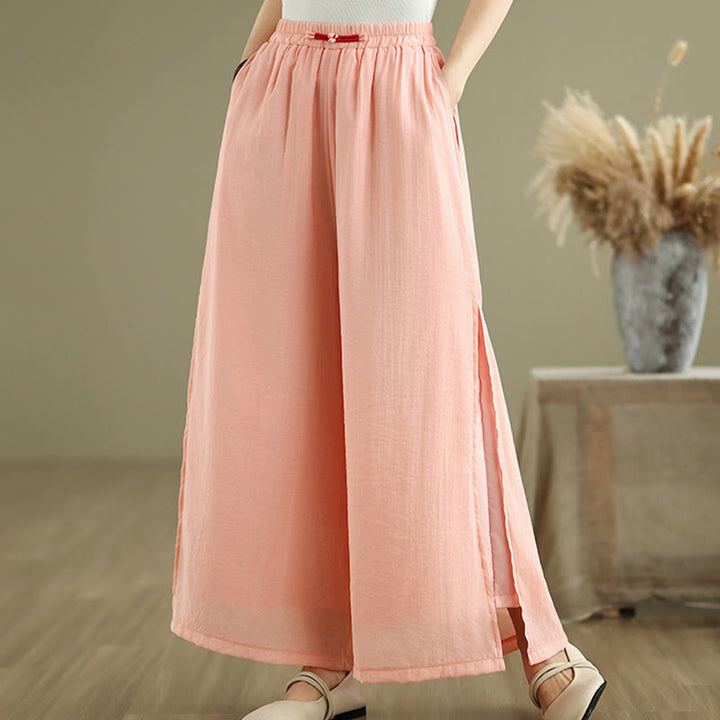 Pantalon large décontracté vintage en coton et lin avec poches pour femme, style Buddha Stones, avec ourlet fendu sur le côté