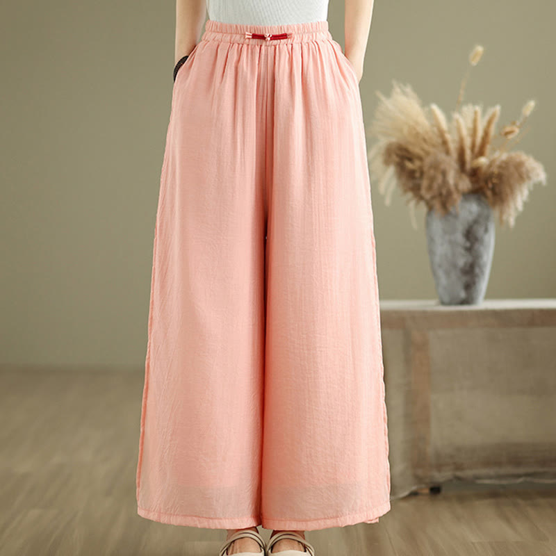 Pantalon large décontracté vintage en coton et lin avec poches pour femme, style Buddha Stones, avec ourlet fendu sur le côté
