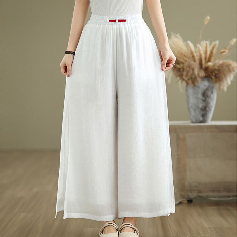 Pantalon large décontracté vintage en coton et lin avec poches pour femme, style Buddha Stones, avec ourlet fendu sur le côté