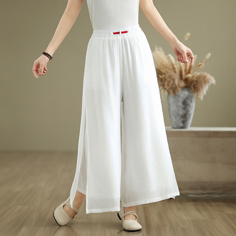 Pantalon large décontracté vintage en coton et lin avec poches pour femme, style Buddha Stones, avec ourlet fendu sur le côté